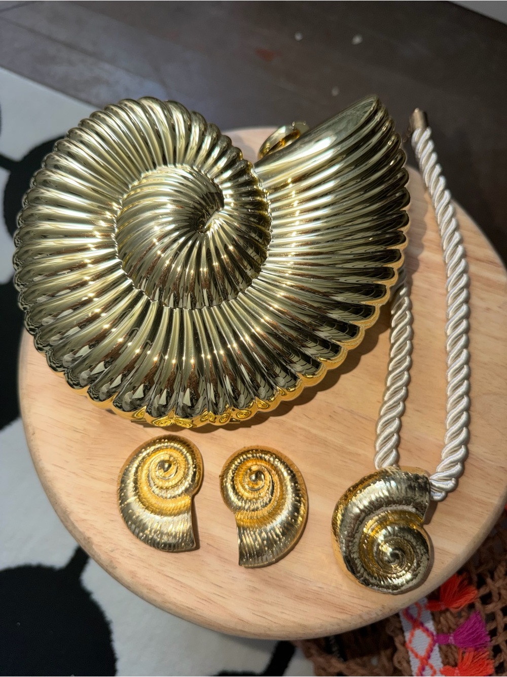 Gold Spiral Shell Statement Purse and Necklace with Matching Earrings